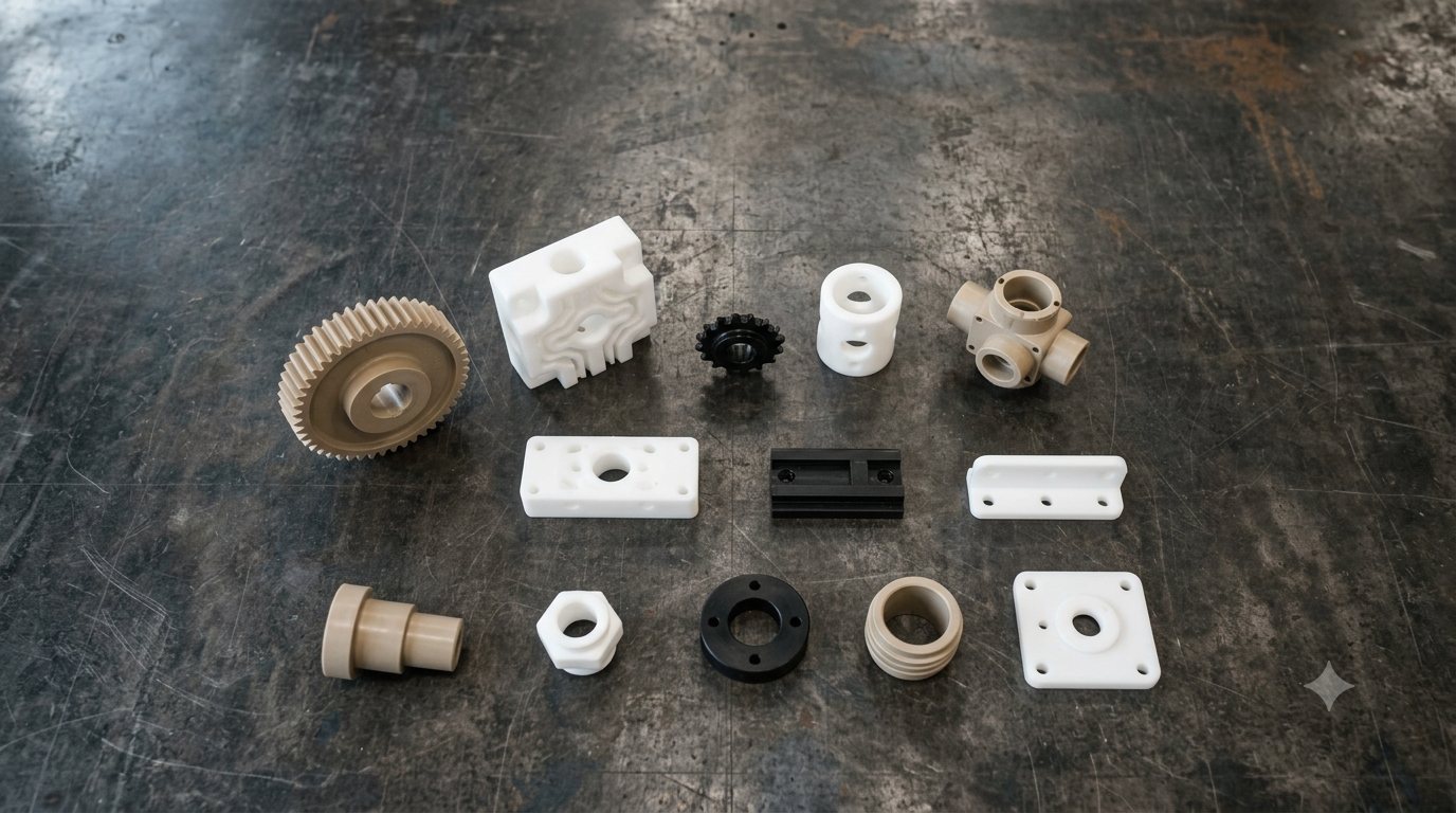 Range of machined plastic components — gears, manifolds, bushings, brackets and flanges — laid out on steel
