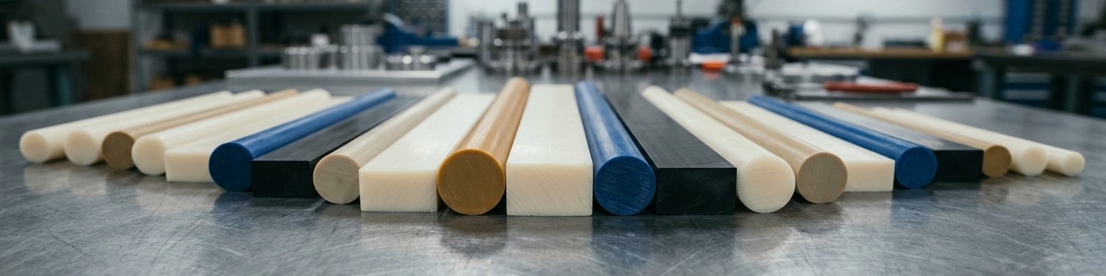 Range of engineering plastic stock shapes — rods and plates in PEEK, POM, PA, PET and PTFE