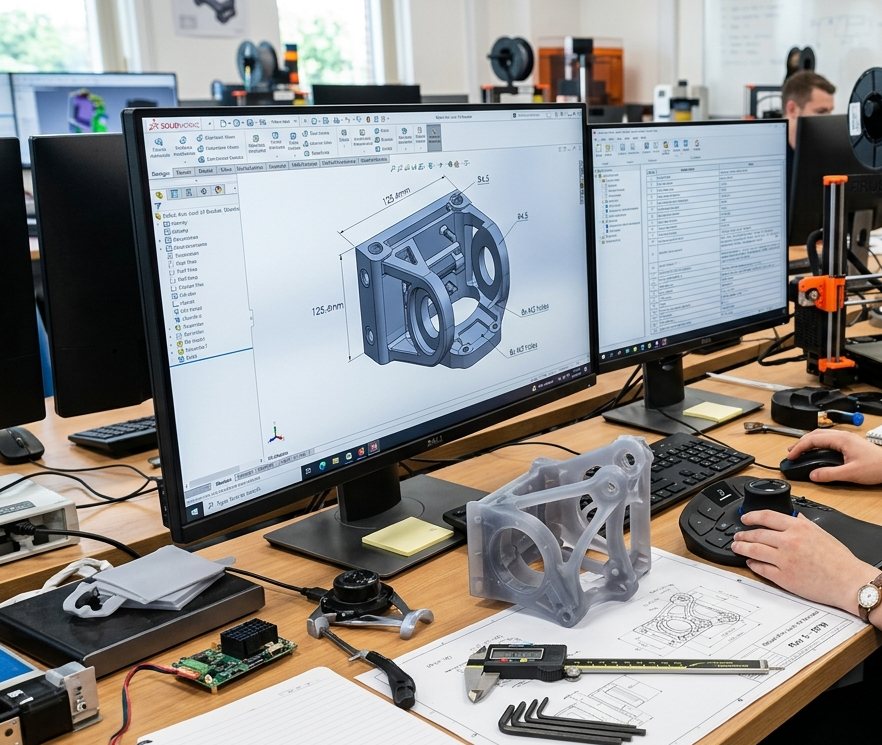 CAD model on screen alongside the physical prototype and drawing at an engineering workstation