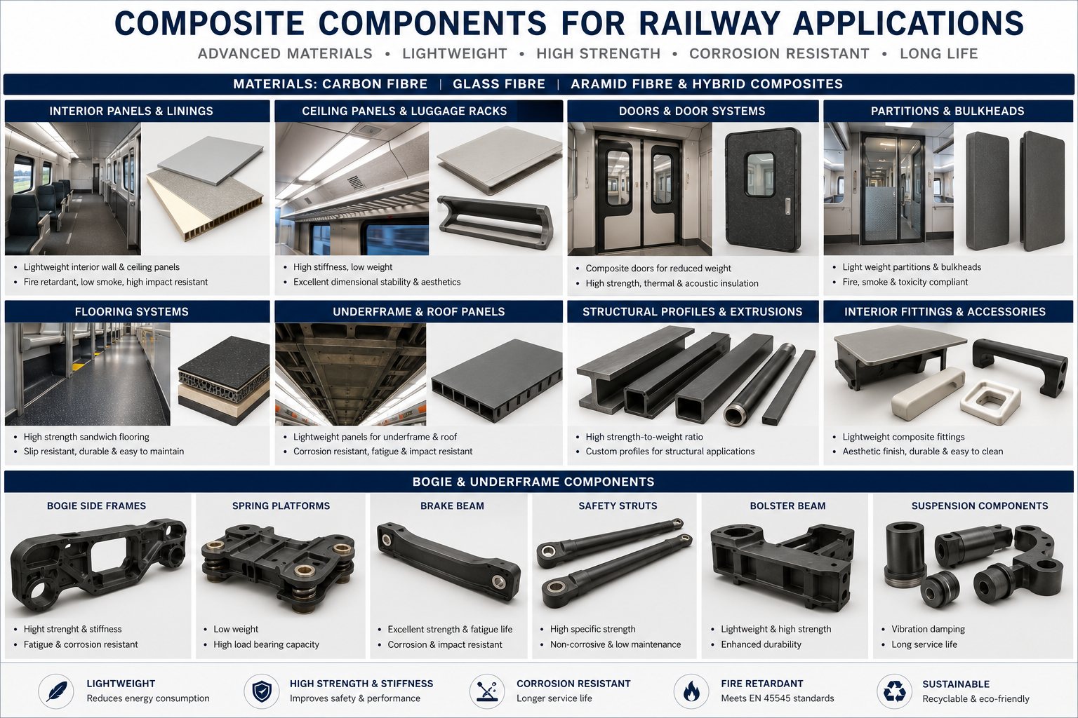 Composite components for railway applications