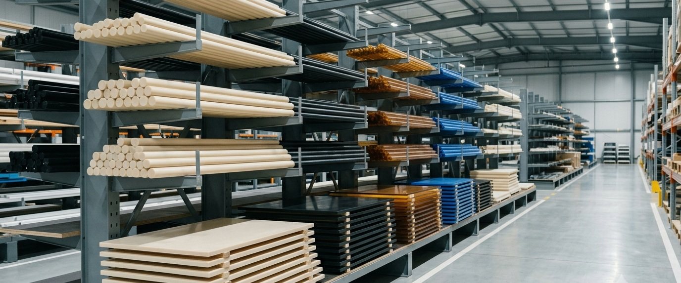 Warehouse racking holding engineering plastic rods, plates and tubes
