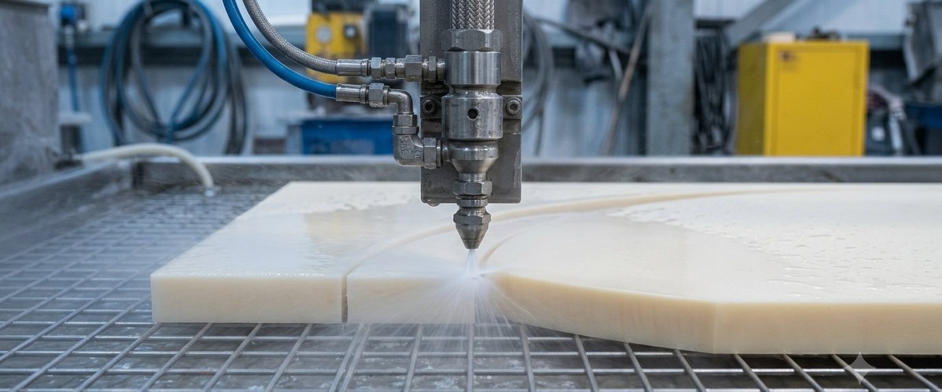 Waterjet cutting a thick plastic sheet to profile