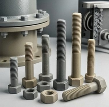 Composite bolts, nuts and threaded rods on a flange