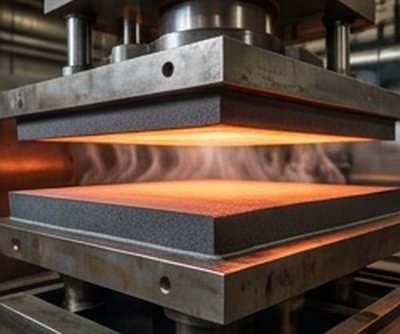 Heat insulating composite sheet between glowing press platens