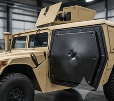 Ballistic composite panel fitted to an armoured vehicle