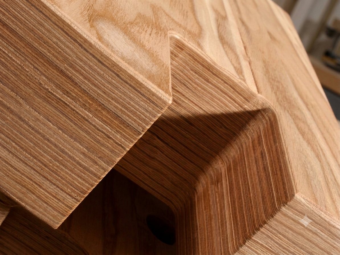 Machined laminated densified wood showing the bonded beech veneer layers