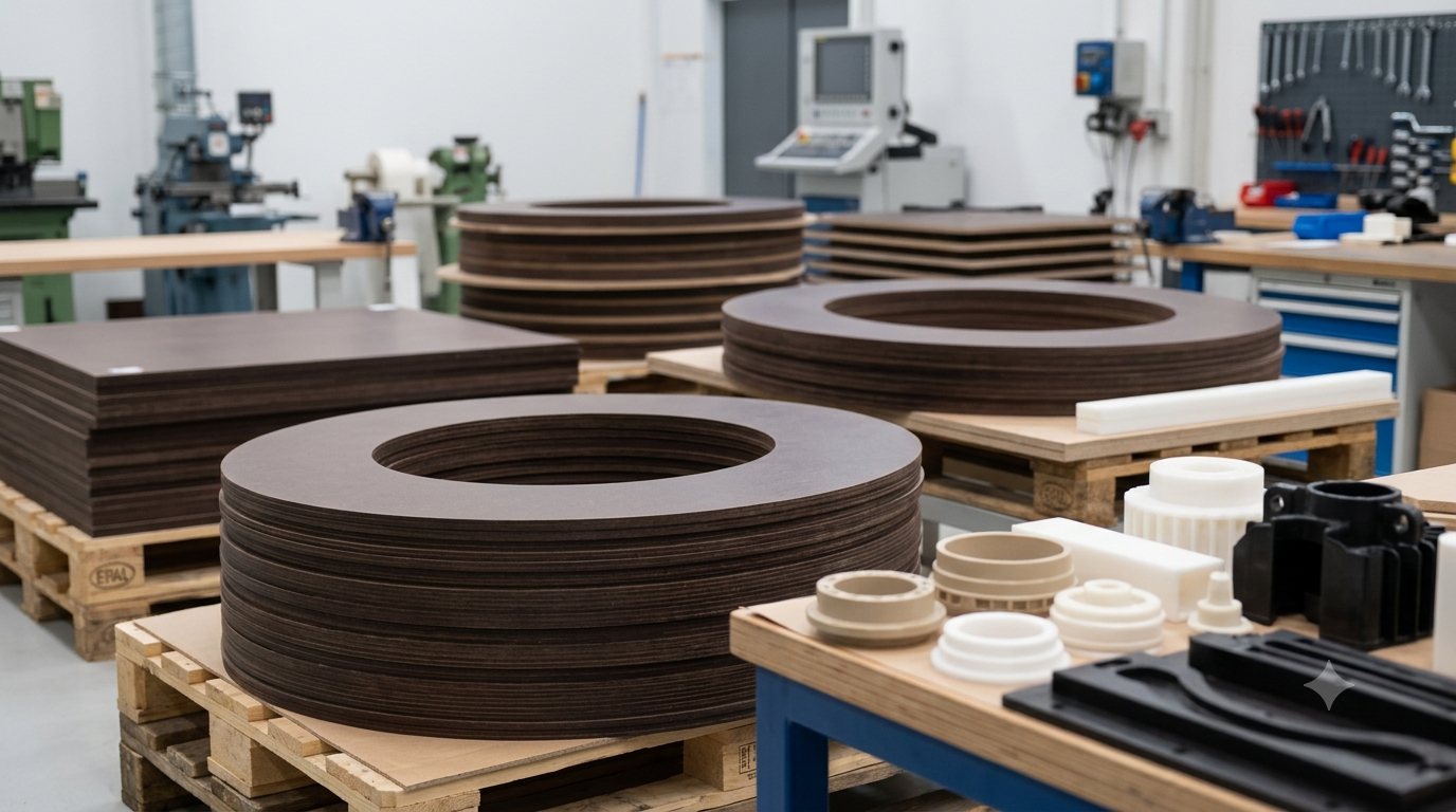 Stacked laminated pressboard insulation rings and panels in the workshop