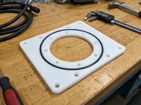 Machined white acetal cover plate with O-ring groove and bolt pattern