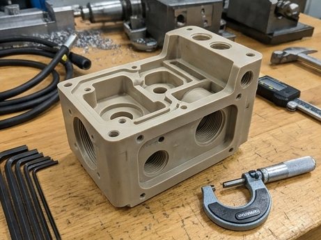 Machined PEEK housing with ports and internal pockets