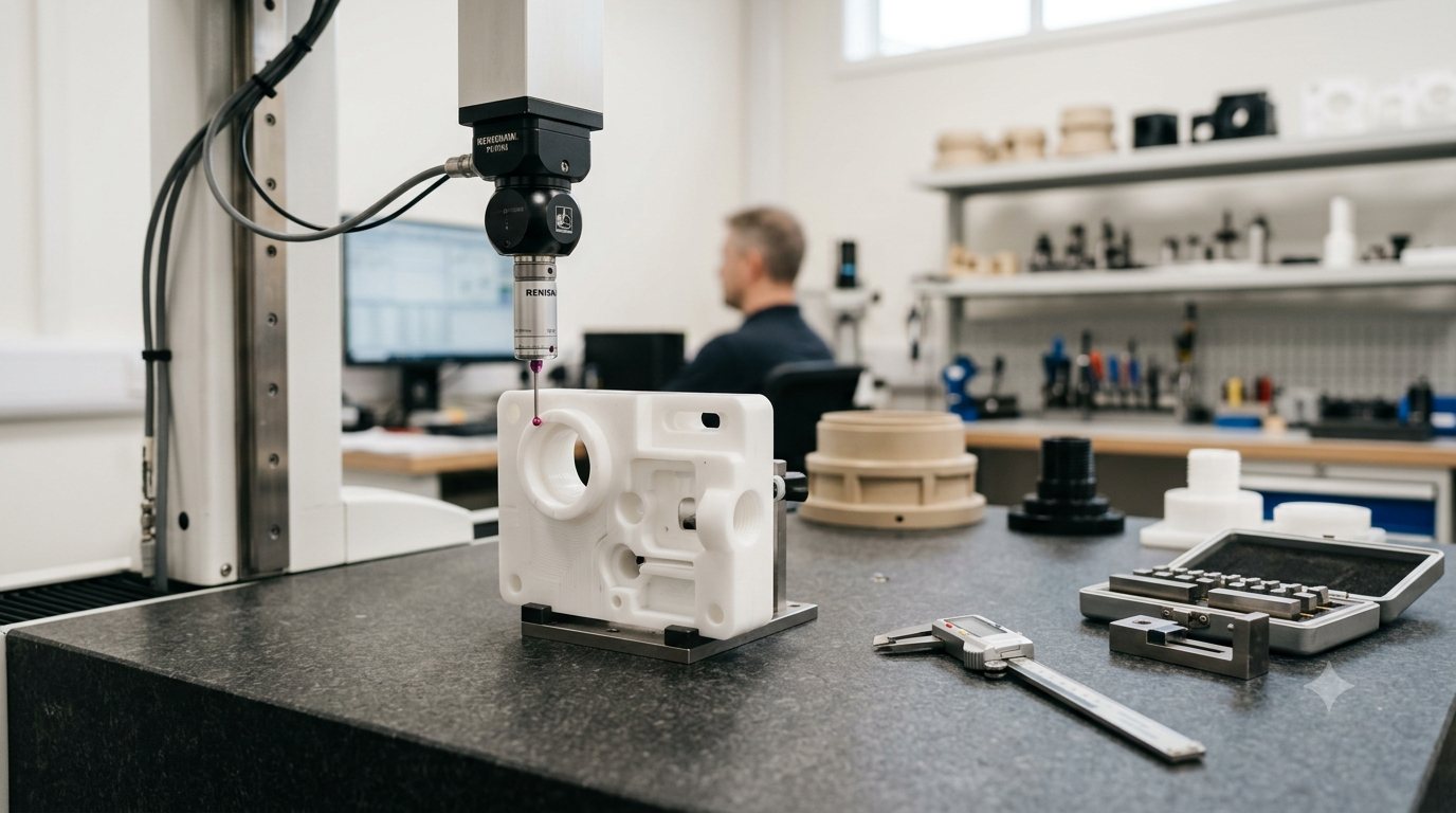 Coordinate measuring machine probing a machined plastic component in the inspection room